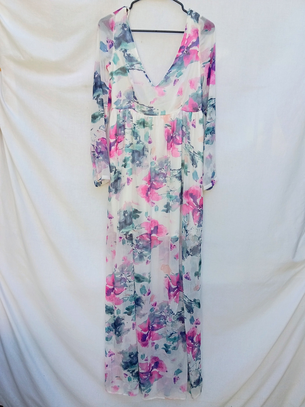 Zara Pink& Blue Floral Long Sleeve Tie Back Chiffon Maxi Dress Small
